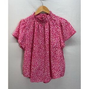 THML‎ Pink Red Floral Ruffle Neck  Flutter Sleeve Blouse Top Size M Romantic